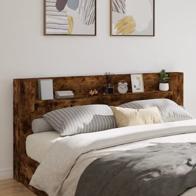 Berkfield Home Headboard Cabinet in Smoked Oak Brown with LED Lighting and USB Charging Port, W: 220 cm, D: 16.5 cm, H: 103.5 cm – 1