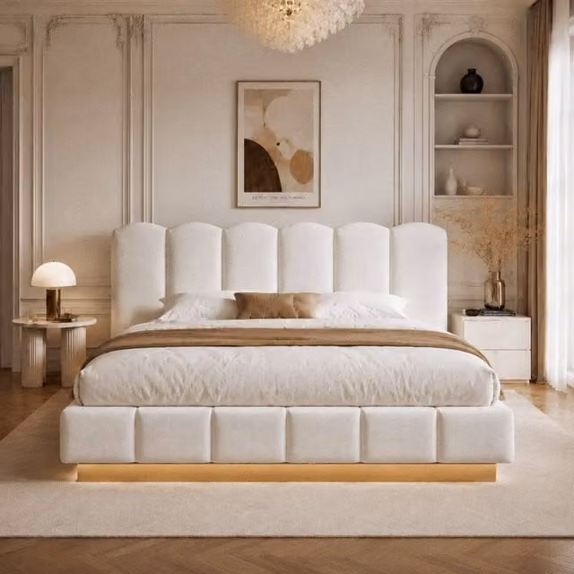 Merax Super King Ottoman Storage Bed in Beige Bouclé with LED Under-Bed Lighting, W/D/H: 180 x 200 x 218.5 cm – 1