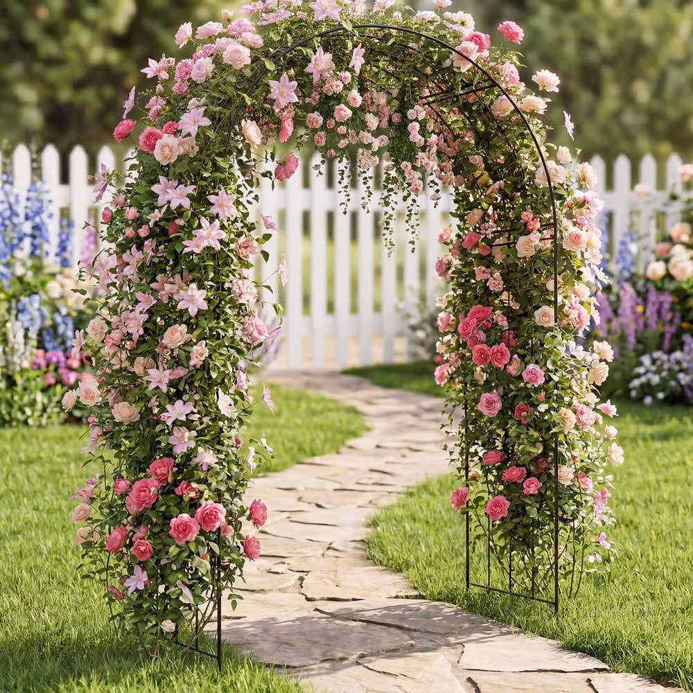 Costway Metal Garden Arbor and Trellis Archway with Ground Stakes in Black, H 225 x W 145 x D 51 cm – 2