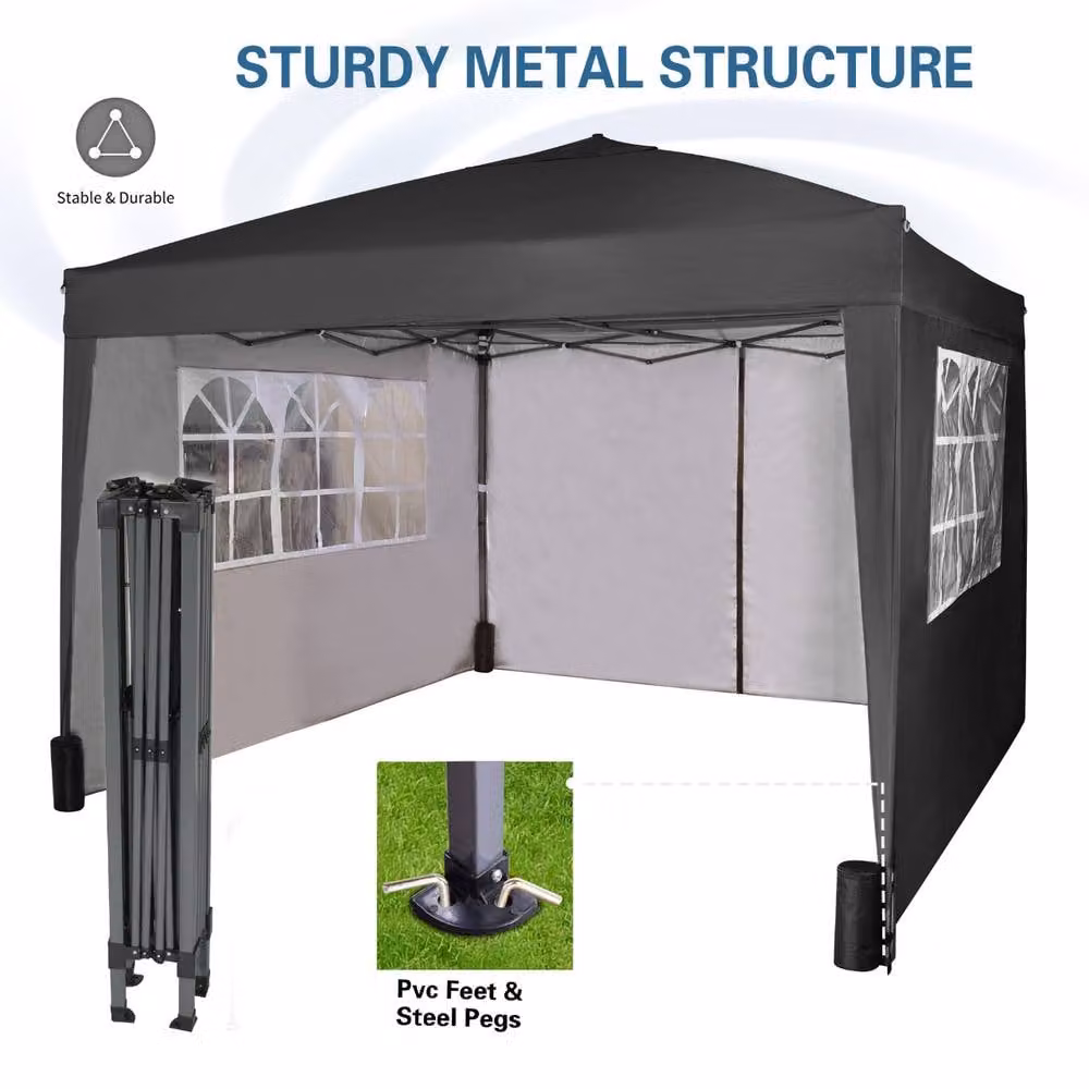MCC Direct Pop Up Gazebo with Removable Sides and Storage Bag, Black and Silver, W/D: 300 x 300 cm – 2