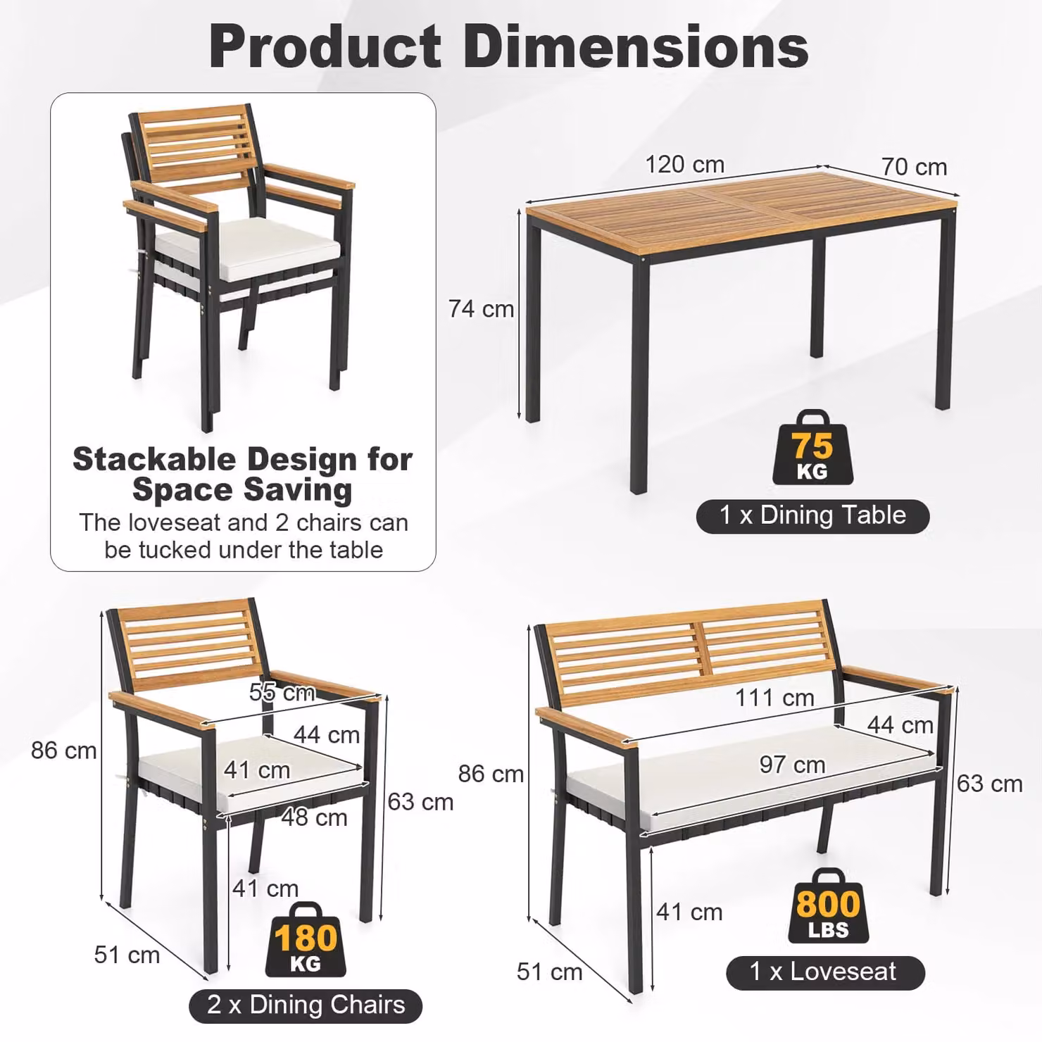 Gymax 4-Piece Modern Outdoor Patio Dining Set with White Metal and Oiled Acacia Wood – 2