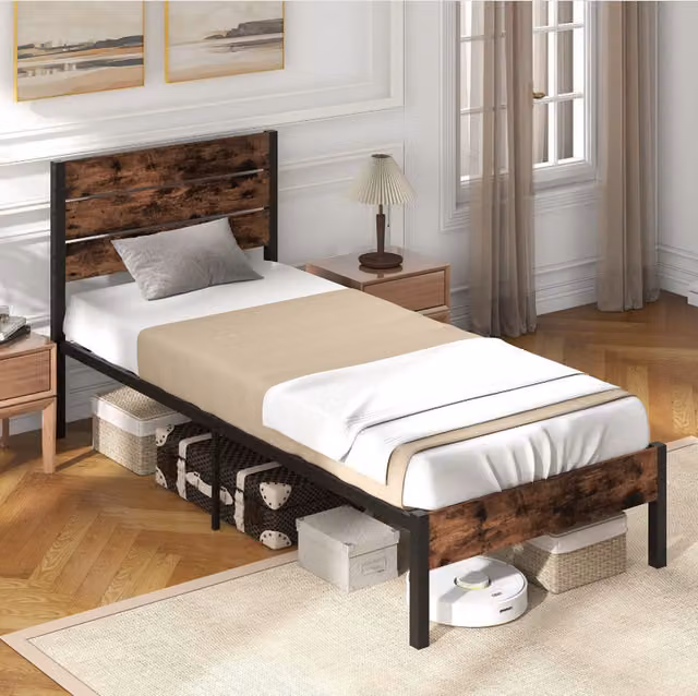 COSTWAY Industrial Metal Platform Bed Frame in Brown