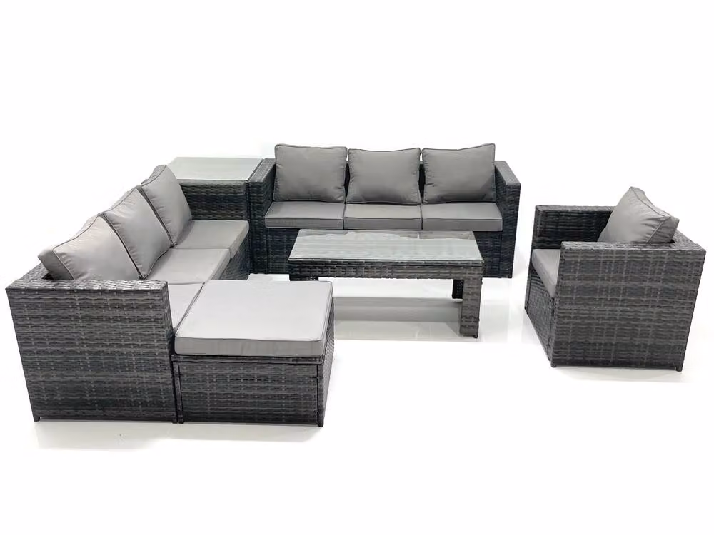 Fimous 8 Seater Rattan Garden Furniture Set in Grey with Coffee Table, Ottoman and Upholstered Cushions – 2