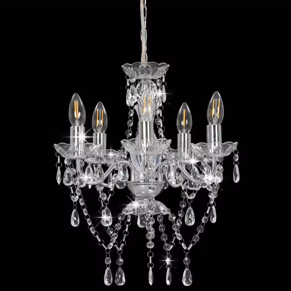 Berkfield Home Round Silver Chandelier with Transparent Crystal Beads and 5 x E14 Sockets – 2