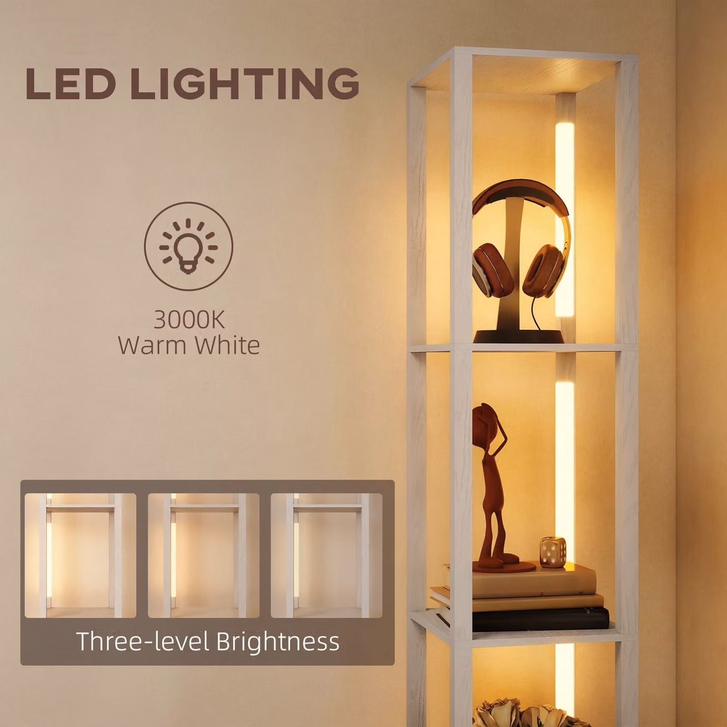 HOMCOM Modern LED Floor Lamp with Shelves and Fabric Drawer, Dimmable White Standing Lamp with Foot Switch – 3