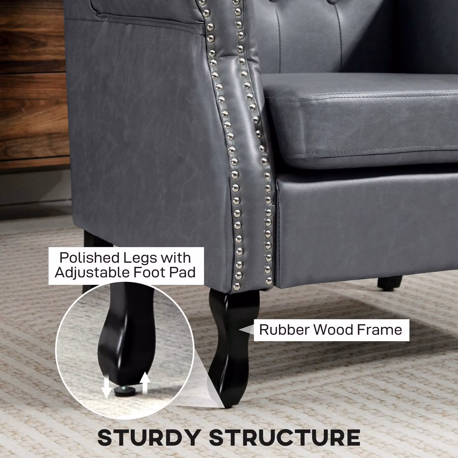 HOMCOM Chesterfield-style Wing Back Armchair in Grey Synthetic Leather with Solid Wood Frame – 4