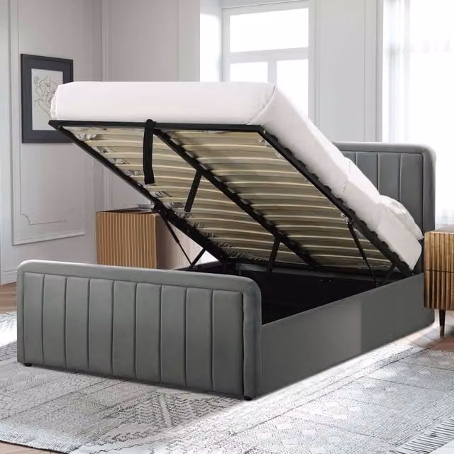 Comfy Living Modern Brushed Velvet Ottoman Bed Frame in Grey, 140 x 200 cm