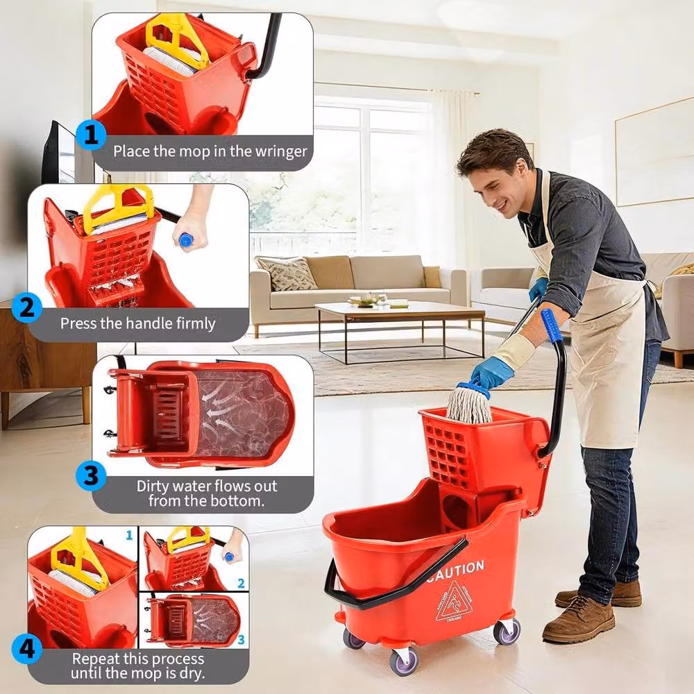 London Boutique 32L Commercial Mop Bucket with Side Press Wringer in Red – 5