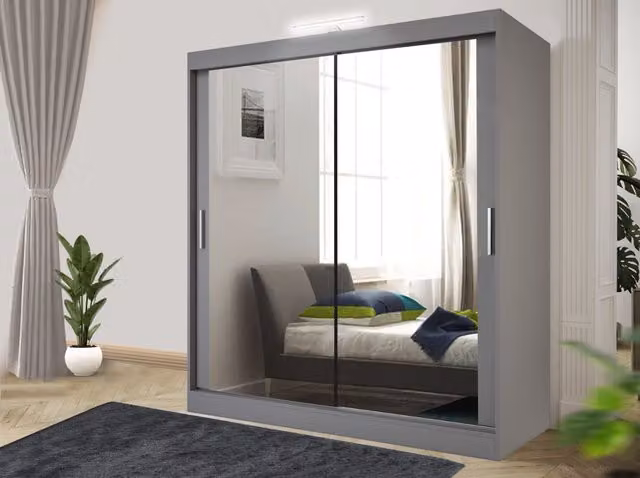 RAC3 Modern Grey Sliding Mirror Wardrobe with Integrated LED Lighting and Drawers, Width: 100 cm