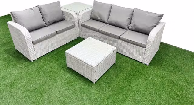 Fimous 5 Seater Grey PE Rattan Wicker Garden Furniture Set with Square Coffee Table, 3 Seater Sofa, Love Seat and Side Table