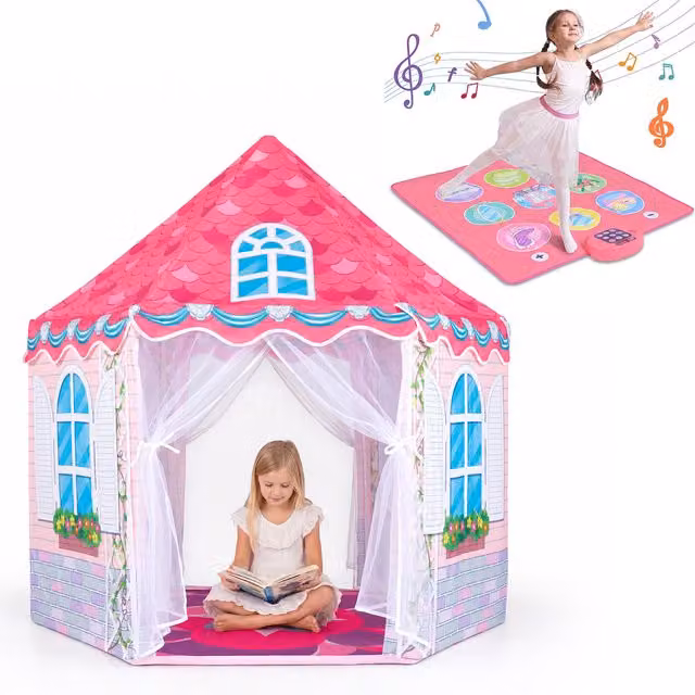 Costway Kids Play Tent with Dance Mat and Mesh Fabric in Pink