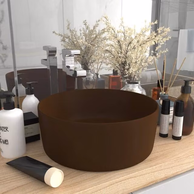 Berkfield Home Luxury Round Ceramic Wash Basin in Matt Dark Brown, W: 40 cm, H: 15 cm, D: 15 cm – 1
