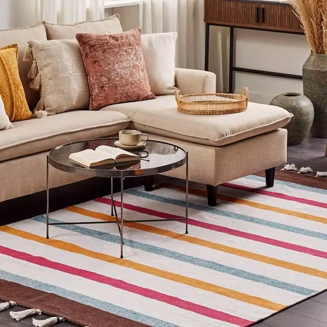 Wyld and Coco Handwoven Cotton Flat Weave Area Rag Rug in Multicolour Stripes, W: 140 cm, L: 200 cm