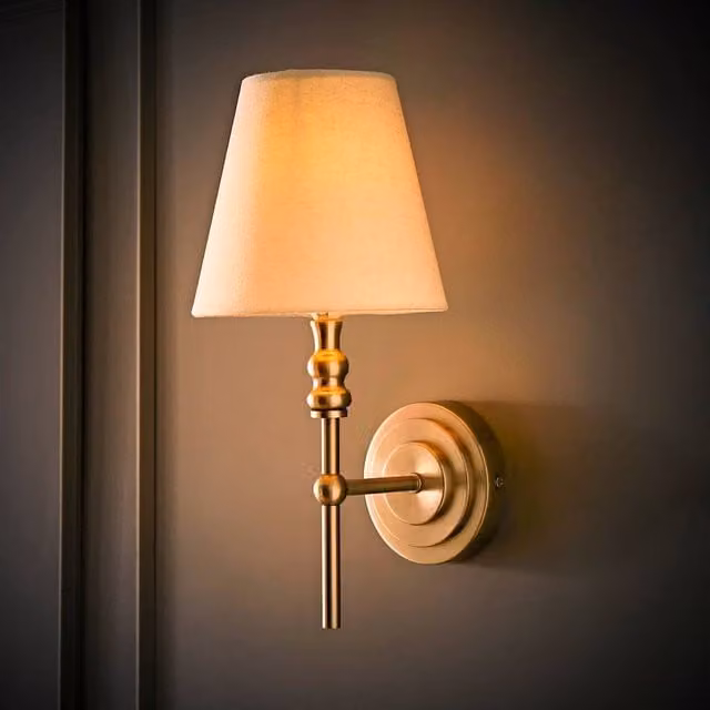 ValueLights Maggie Candlestick Wall Light with Beige Fabric Shade in Brushed Chrome