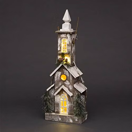 SHATCHI Vintage Wooden Holy Church Tabletop Christmas Decoration with Warm White LEDs, Brown, Height: 66 cm – 1
