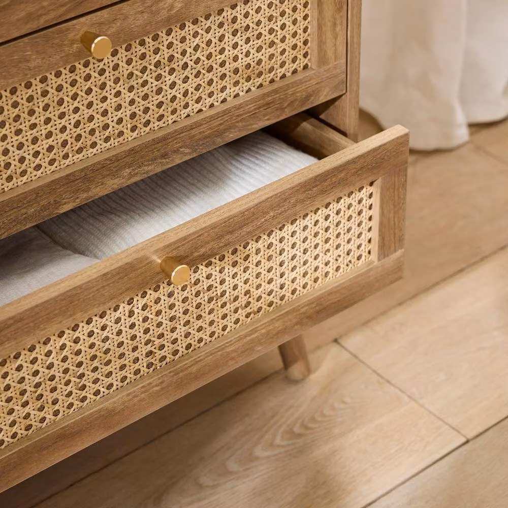 CALICOSY Palmo 6-Drawer Chest with Natural Rattan Fronts in Light Brown, W: 120 cm – 3