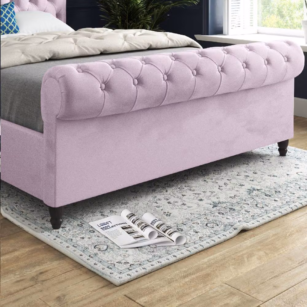 KDMD Welshampton Sleigh Upholstered Designer Bed Frame in Pink Soft Velvet, Size: Double (140 x 200 cm) – 5
