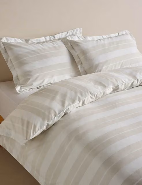 M&S Egyptian Cotton Wide Stripe Printed Bedding Set in Beige, 180 x 200 cm