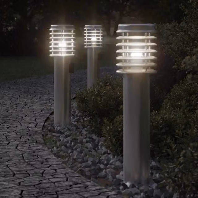 Berkfield Home Set of 3 Silver Stainless Steel Outdoor Floor Lamps with Outlet, Height: 60 cm – 1
