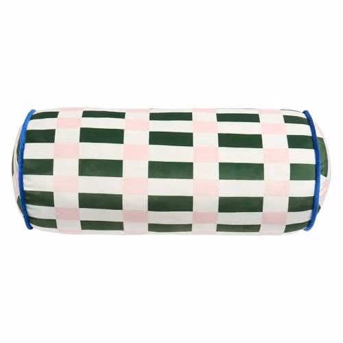 OHS Checked Matte Velvet Bolster Pillow in Green and Pink, W: 46 cm, D: 20 cm – 5