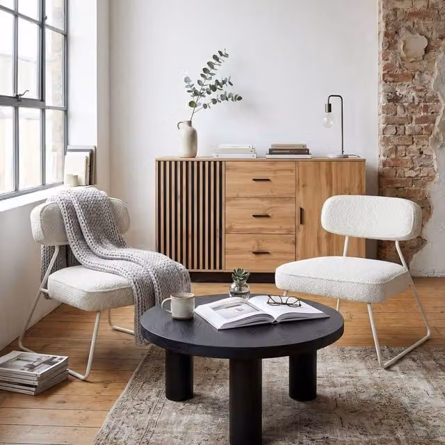 Wyld and Coco Set of 2 Off-White Bouclé Armless Armchairs with White Metal Legs