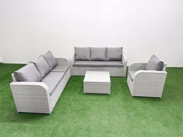 Fimous 7 Seater Poly Rattan Garden Furniture Set in Light Grey with 3 Seater Sofa, Reclining Chairs, and Coffee Table