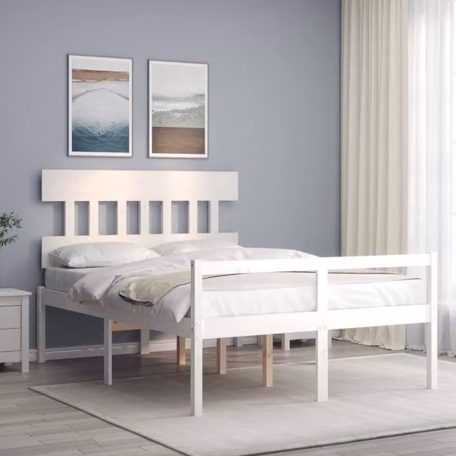 Berkfield Home Small Double Solid Wood Bed Frame with Headboard in White – 1