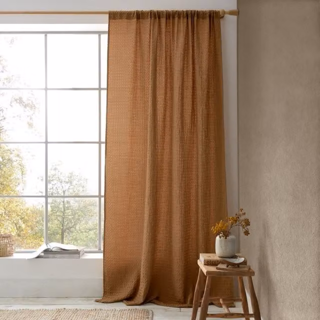 Pineapple Elephant Muscat Waffle Slot Top Ready Made Single Voile Curtain in Caramel