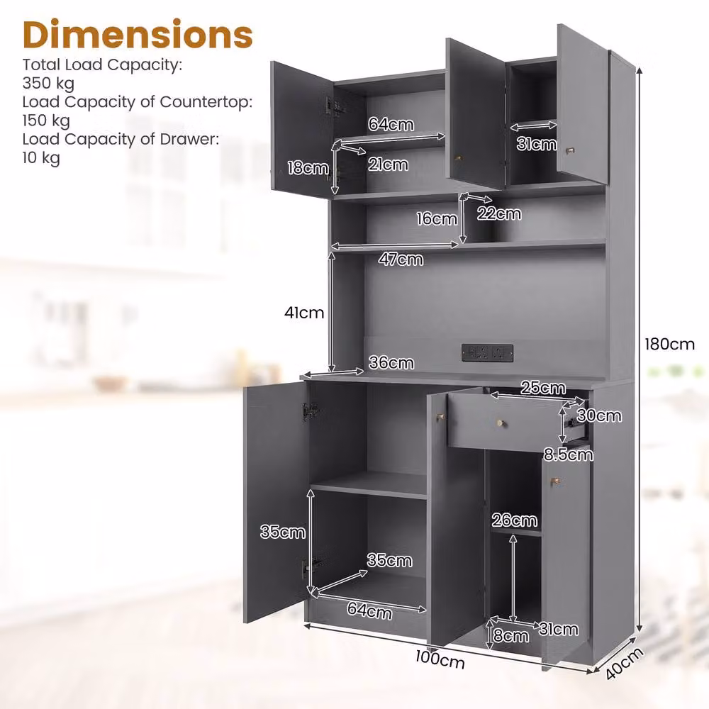 Costway Grey Modern Tall Kitchen Cupboard Buffet Pantry Storage Cabinet with USB Ports – 2