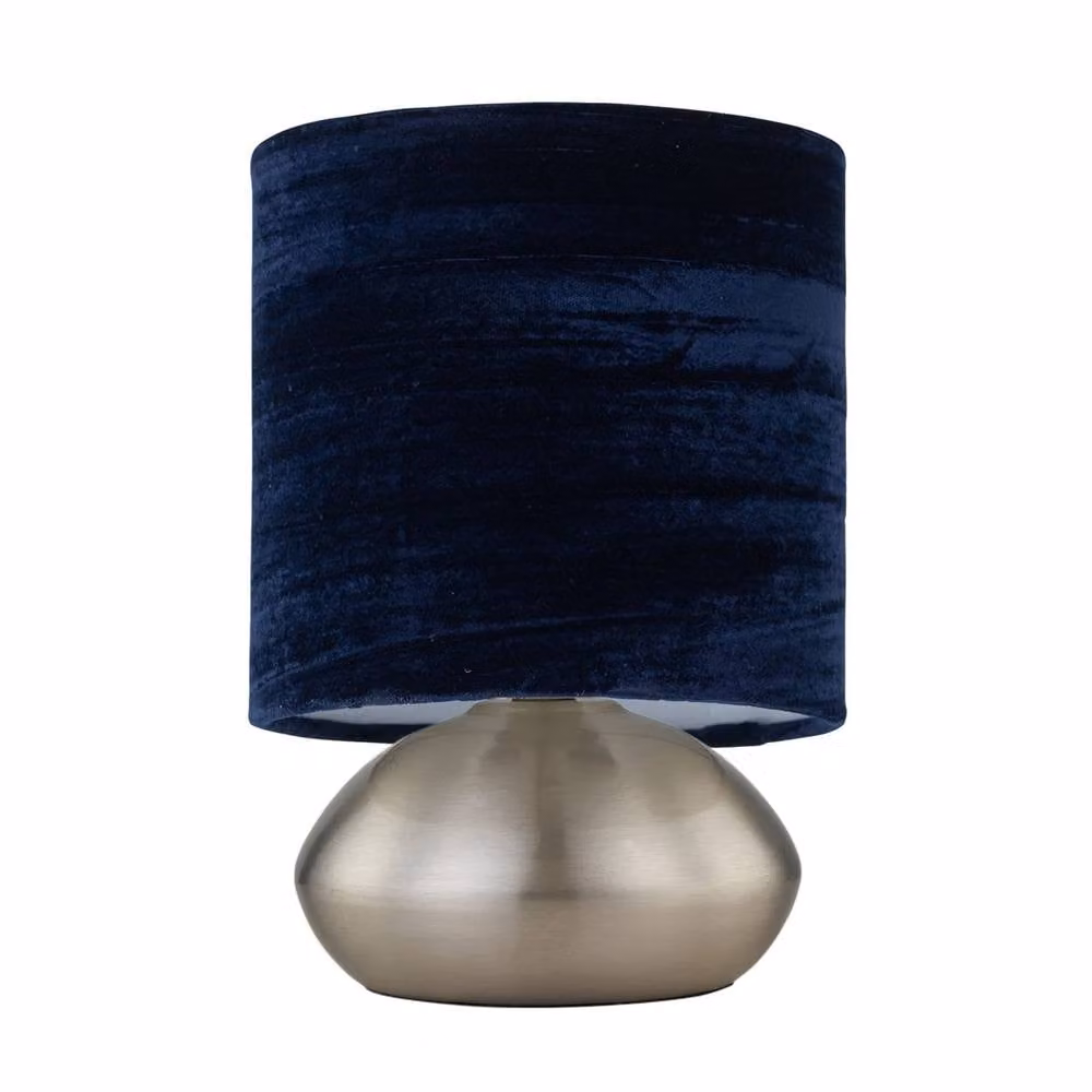 First Choice Lighting Jenson Dimmable Touch Table Lamp with Blue Fabric Shade in Brushed Chrome and Silver – 2