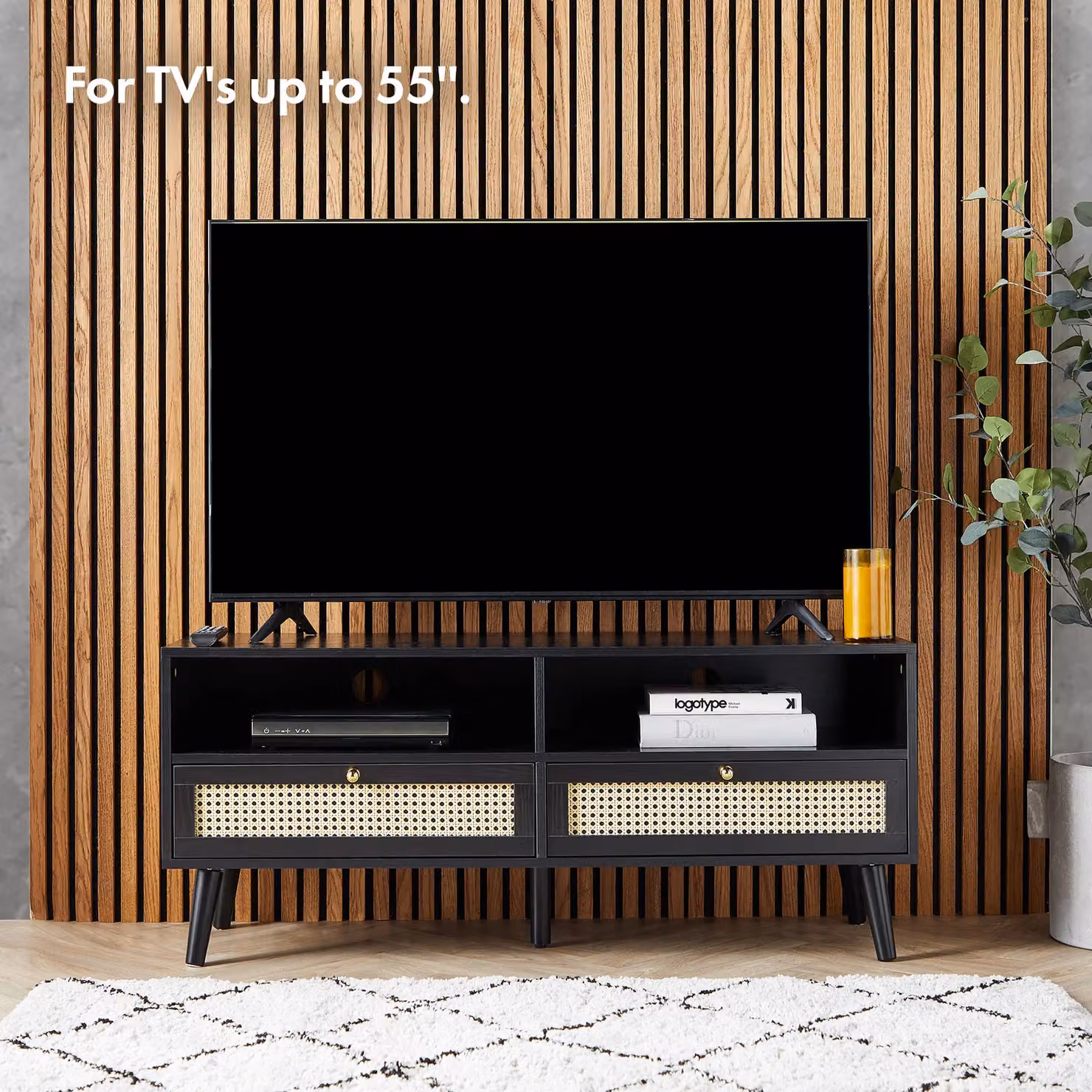 VonHaus Art Deco Black and Gold Rattan TV Unit, W: 120 cm, D: 40 cm, H: 51 cm – 2