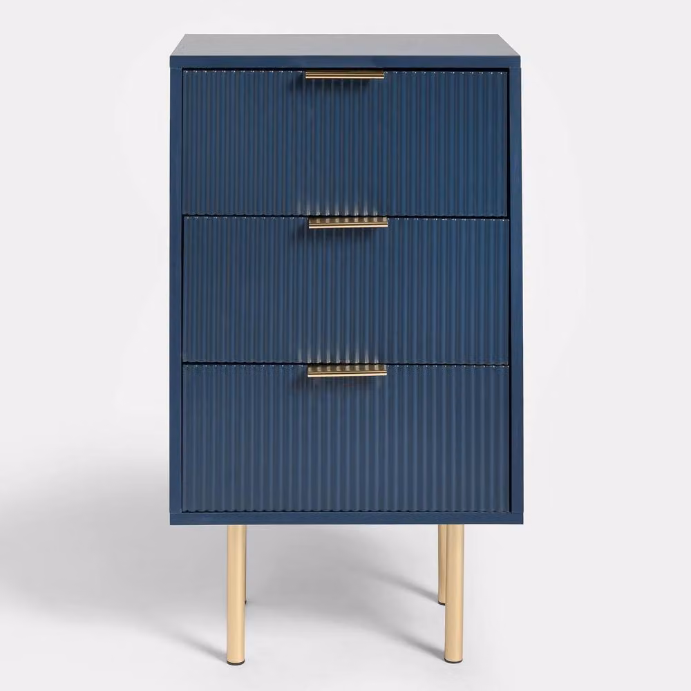 OHS Modern Ribbed 3-Drawer Bedside Table and Office Nightstand in Navy Blue – 3