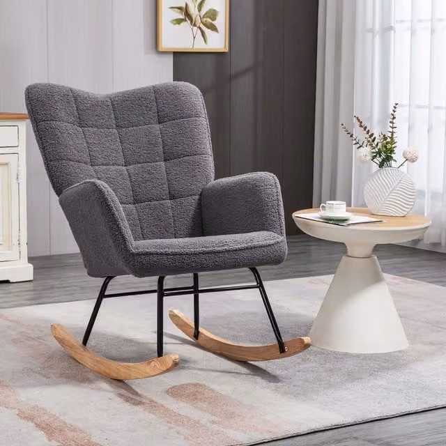 HOMCOM Modern Wingback Rocking Chair in Grey Bouclé Fabric with Mixed Metal and Wood Frame