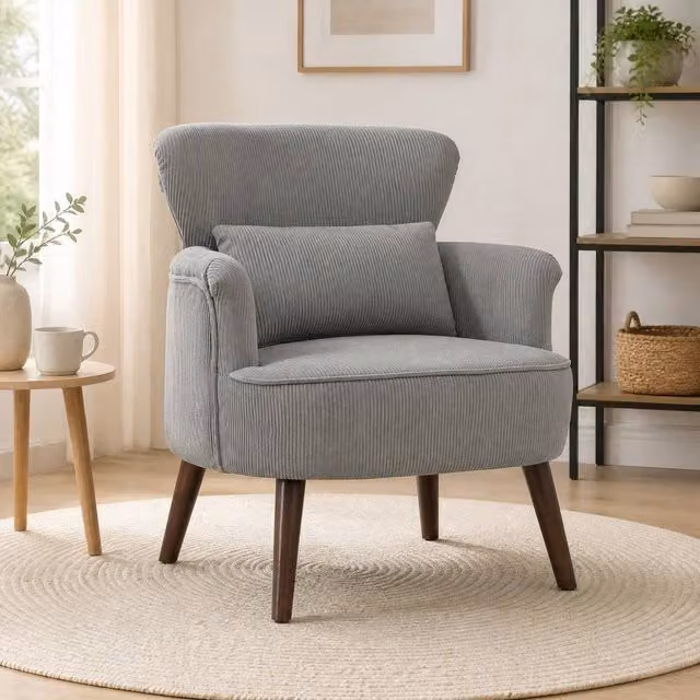 STILVORA Retro Tub Armchair with Solid Wood Frame and Grey Fabric Upholstery – 1