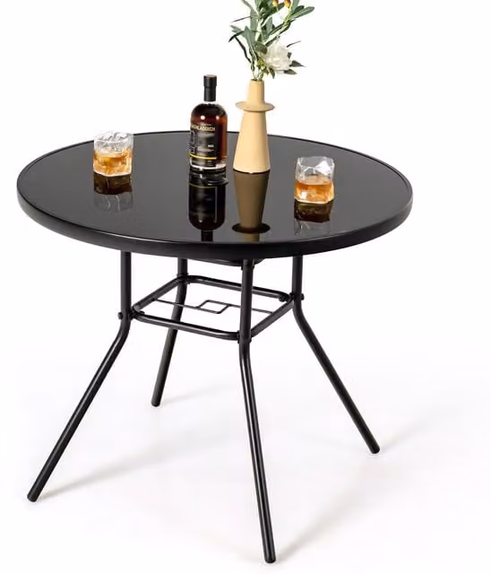 COSTWAY Modern Round Outdoor Tempered Glass Dining Table in Black
