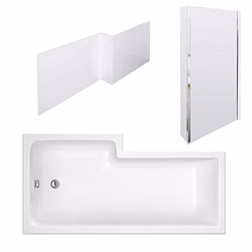 Nuie SBATH29 Modern Square Right Hand Shower Bath with Quattro Bath Screen and Side Panel, White, W: 1500 mm, D: 850 mm