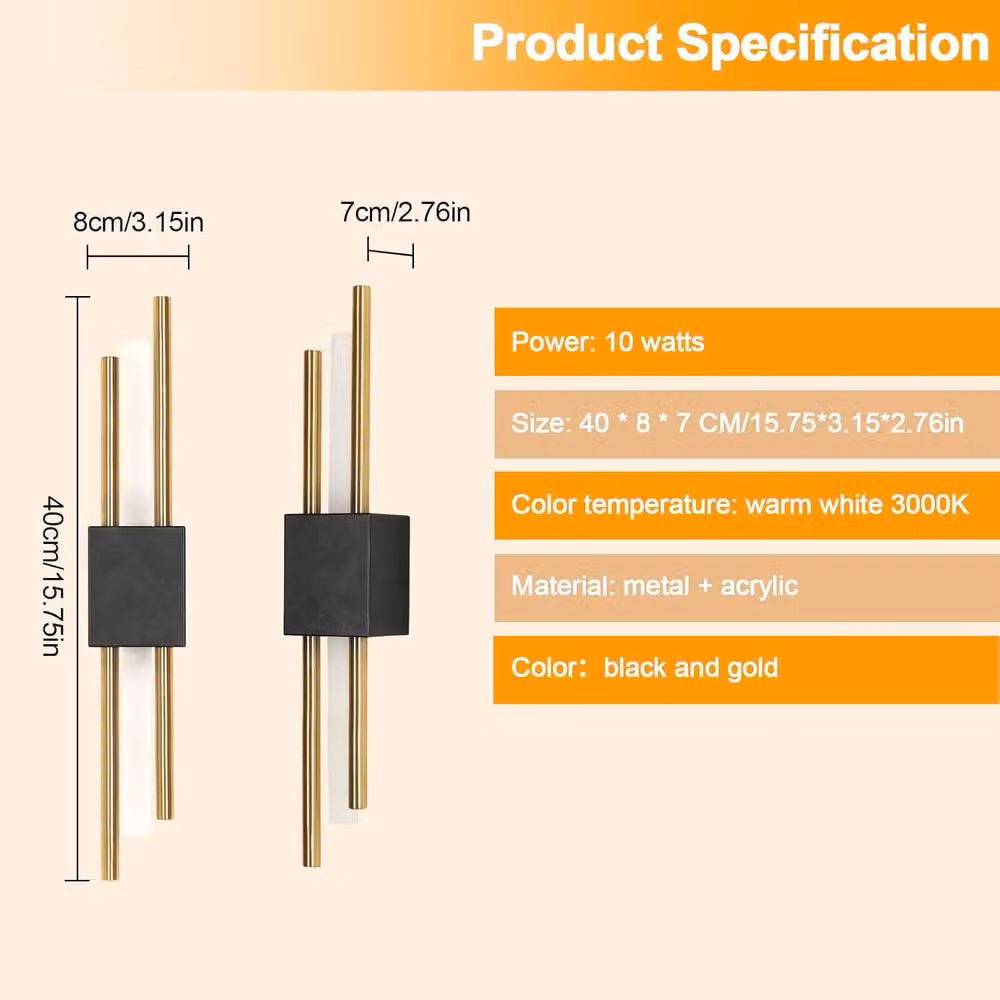 Goeco Modern LED Cylinder Wall Light in Black or Gold/Brass, 40 cm, 10W, 3000K Warm White – 2
