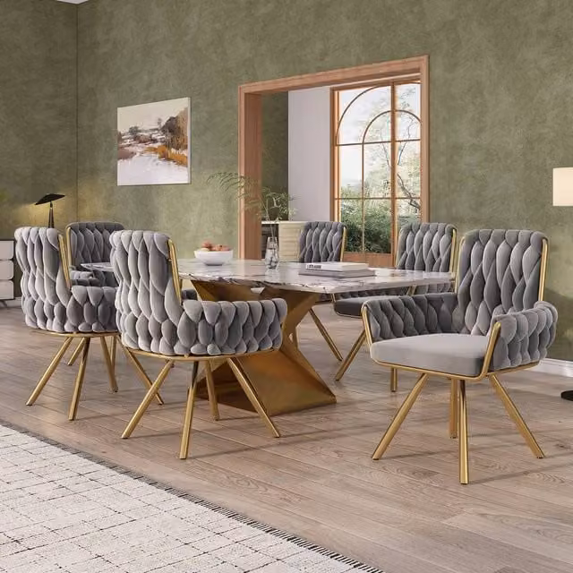 Rolipo Set of 6 Grey Velvet Swivel Dining Chairs with Armrests and Metal Legs – 1