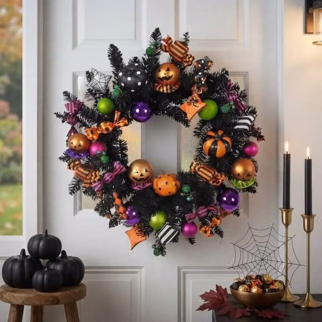 Garden Greatness Halloween Pumpkin Candy Foliage Wreath in Multicolour and Black