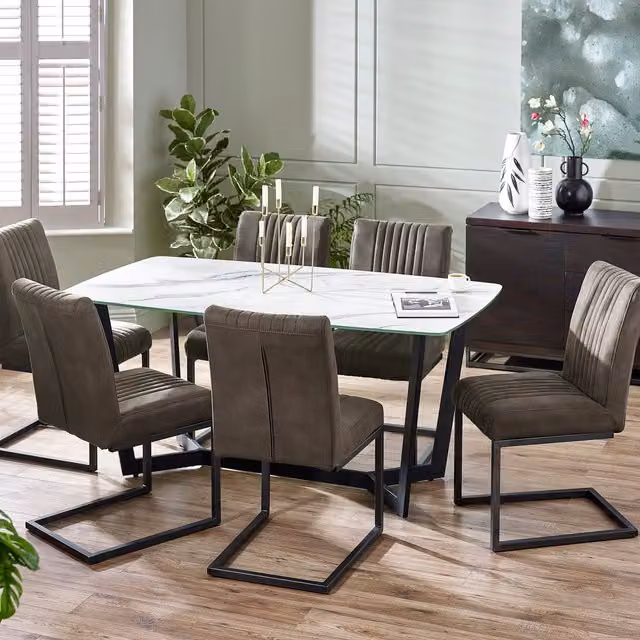 Julian Bowen Olympus White Marble Effect Rectangular Dining Table and Brooklyn Chairs Set in Grey