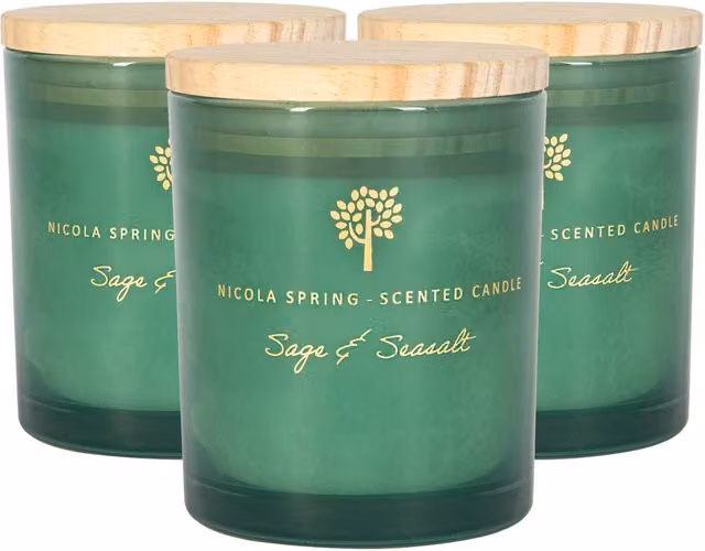 Nicola Spring Sage and Seasalt Scented Soy Wax Candles in Green Glass, Pack of 3