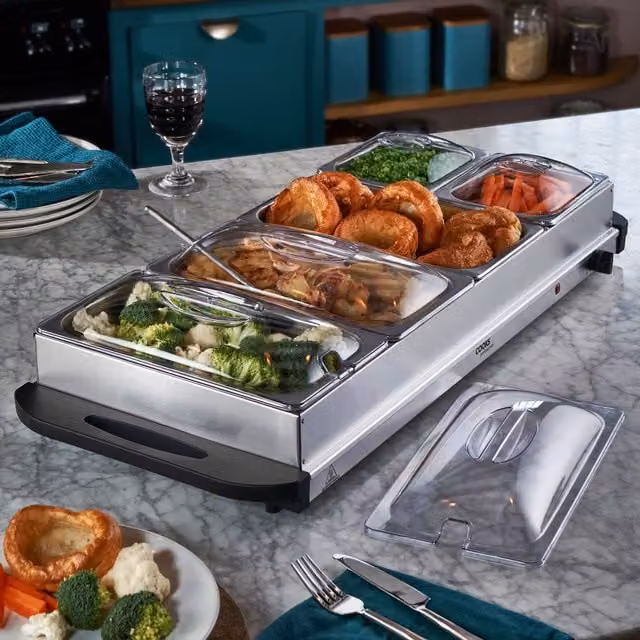 Cooks Professional 5-Section Electric Buffet Warmer with Hotplate Function and Adjustable Temperature Control, 9.6L, Silver