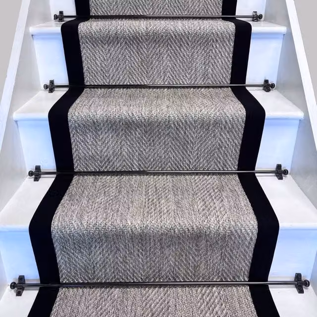 RainbowHome New England Grey Herringbone Stair Runner with Black Cotton Border, W: 50 cm, L: 700 cm – 1