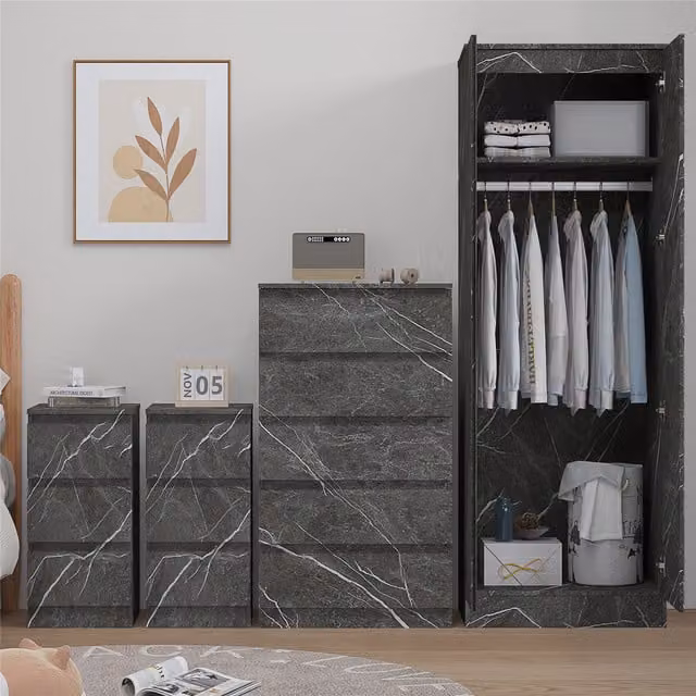 ZITA 4 Piece Bedroom Furniture Set in White and Grey Marble Effect featuring 2 Door Wardrobe, Tall Chest and 2x 3 Drawer Bedsides
