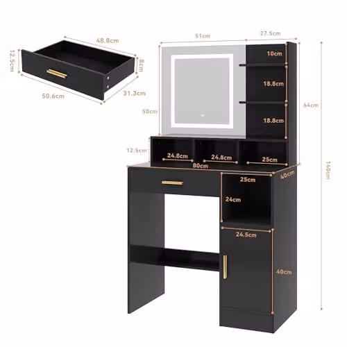 MCC Direct Truro Dressing Table with Hollywood LED Mirror and Storage, Black, W/D/H: 140 x 40 x 80 cm – 2