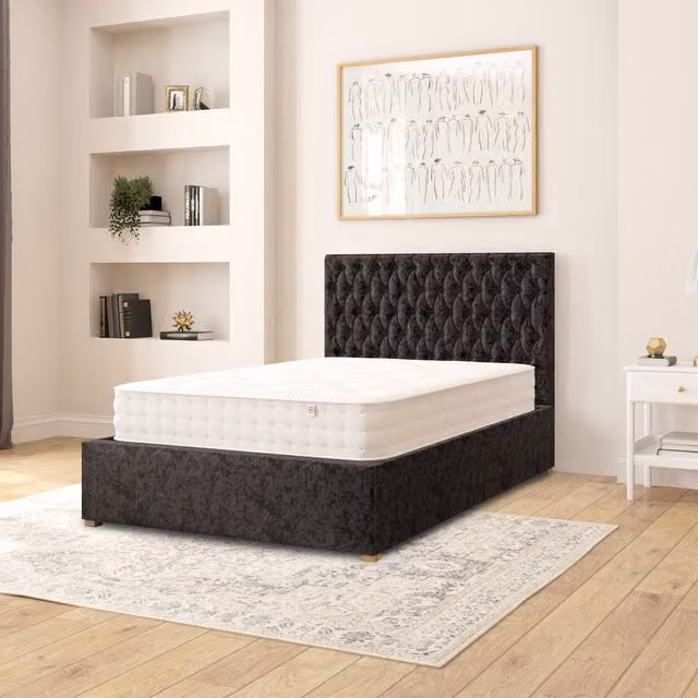 Aspire Monroe Small Double Ottoman Storage Bed in Black Mirazzi Velvet Fabric, W/D/H: 120 x 200 cm