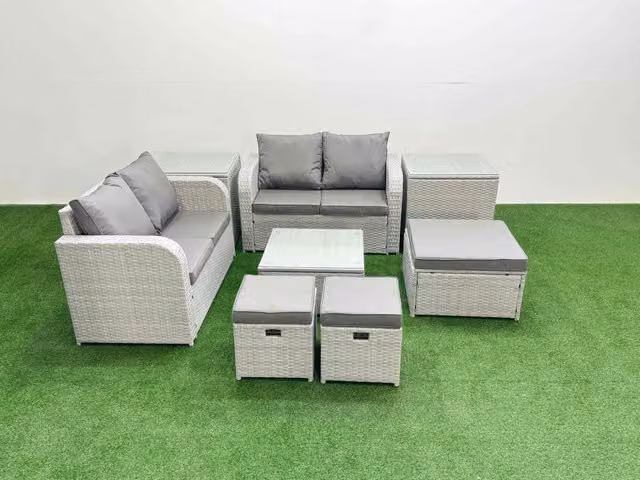 Fimous 7 Seater Rattan Garden Furniture Set with Square Coffee Table, 3 Footstools and 2 Side Tables in Light Grey