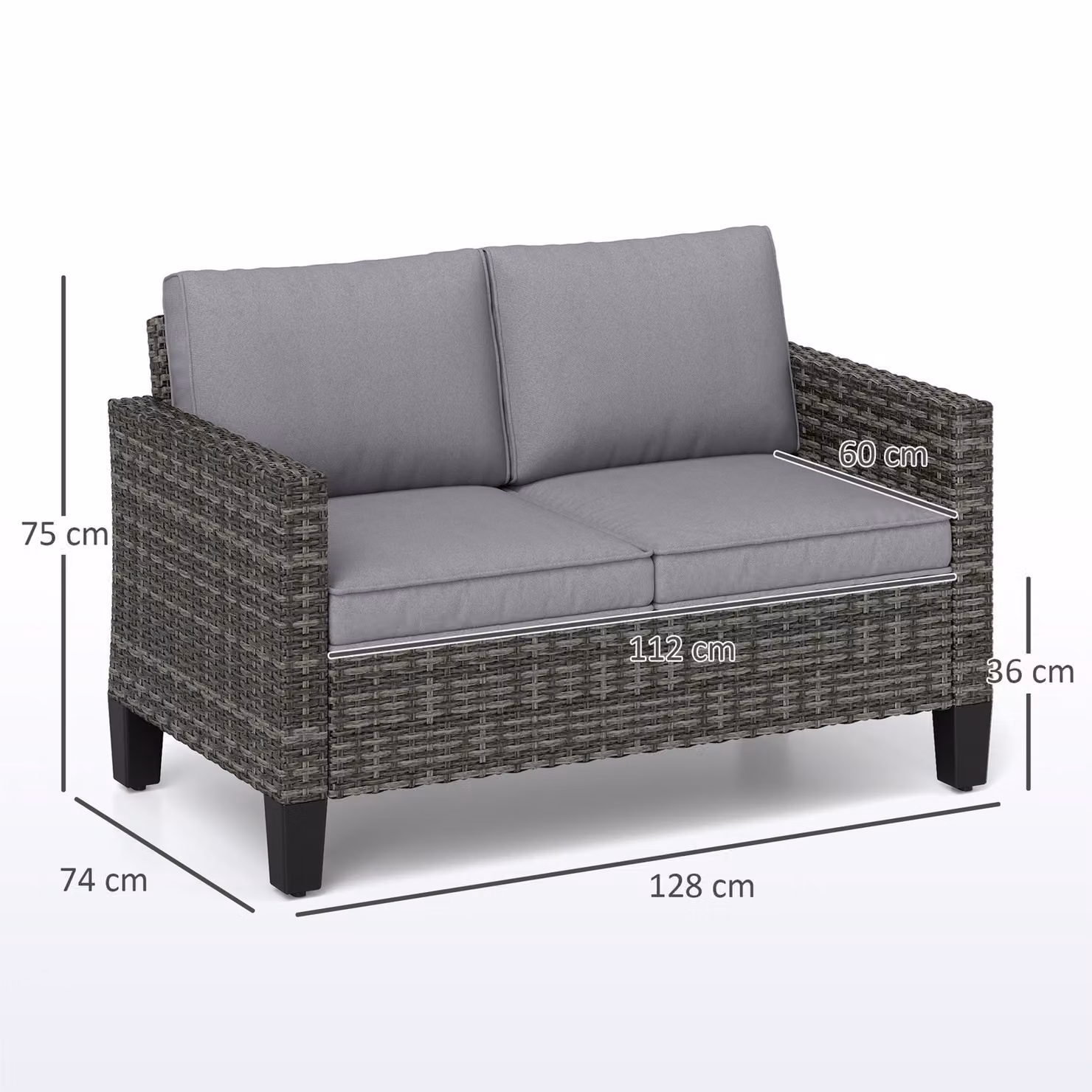 Outsunny Two-Seater Rattan Outdoor Sofa in Grey with Powder Coated Steel Frame and Removable Fabric Cushions – 3