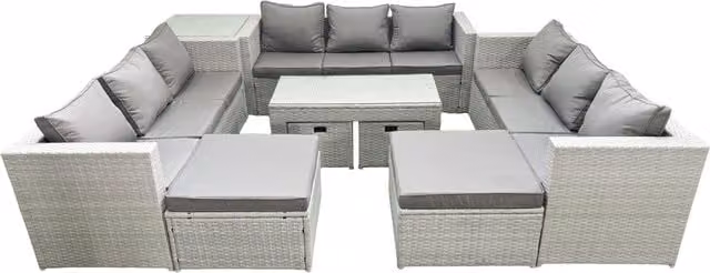 Fimous 13 Seater Rattan Garden Furniture Set in Light Grey with Grey Cushions, Coffee Table and Side Table