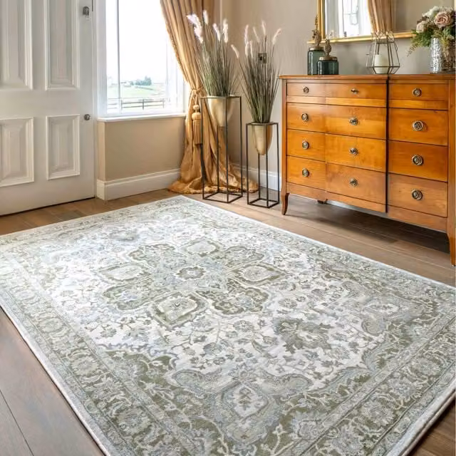 The Rug House Green Traditional Medallion Oriental Living Area Rug, Width: 110 cm